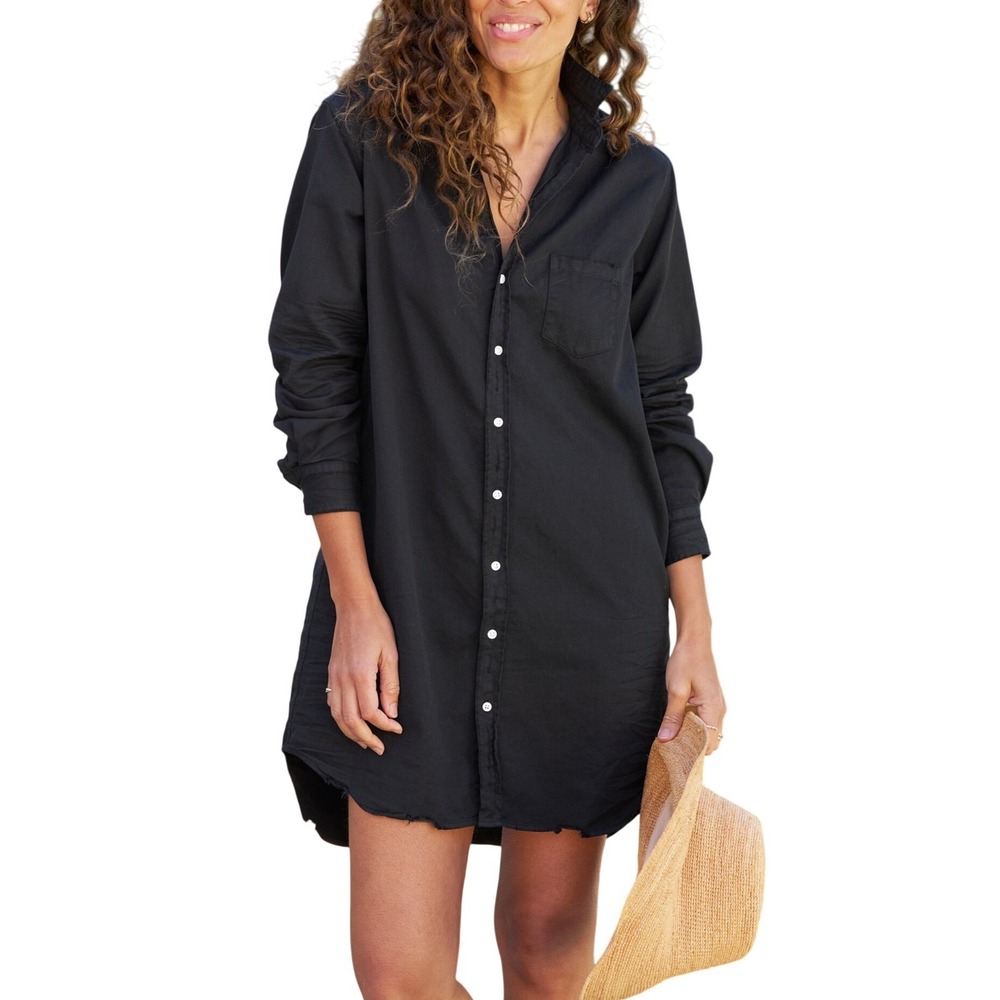 Frank & Eileen Mary Black Cotton Button Front Shirt Dress Large Distressed Hem